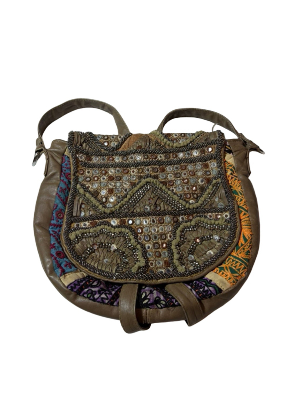 Free People Goat Leather Beaded Embroidered Patchwork Boho Crossbody Bag read